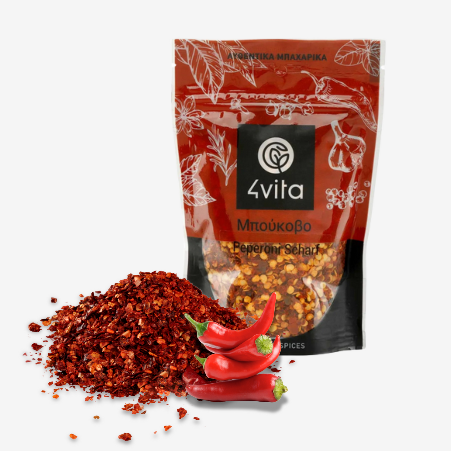 Bukovo scharf – ein griechisches Gewürz aus grob geschroteten, getrockneten Chilischoten mit intensiver Schärfe. Ideal für Suppen, Fleischgerichte, Bratkartoffeln und Meeresfrüchte.