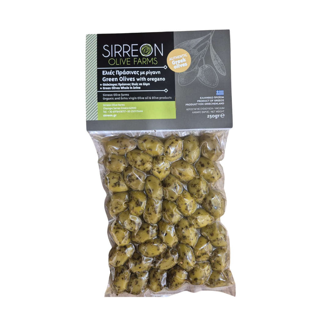 Gruene Oliven mit Oregano Vakuum