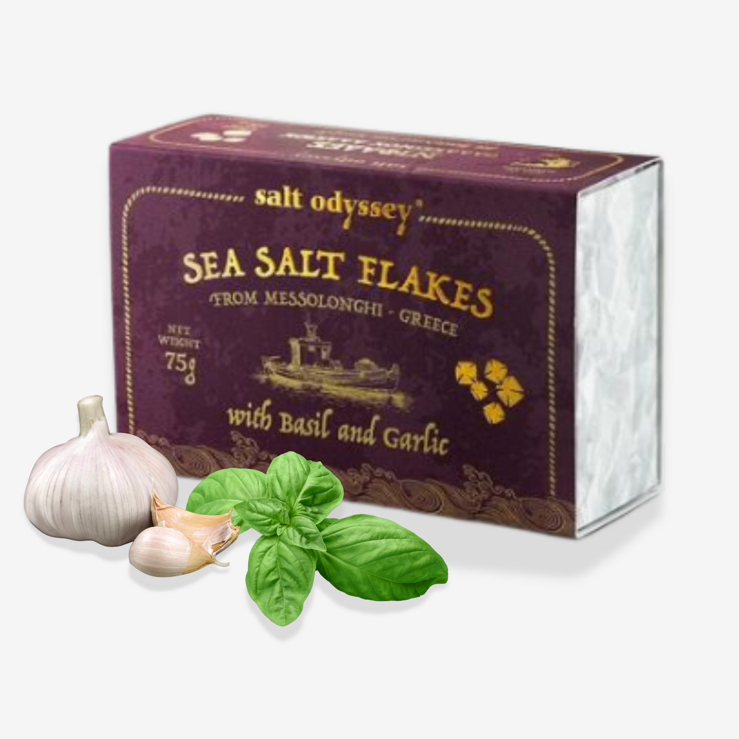 Meersalzflocken aus Messalonghi von Salt Odyssey in Basilikum-Knoblauch