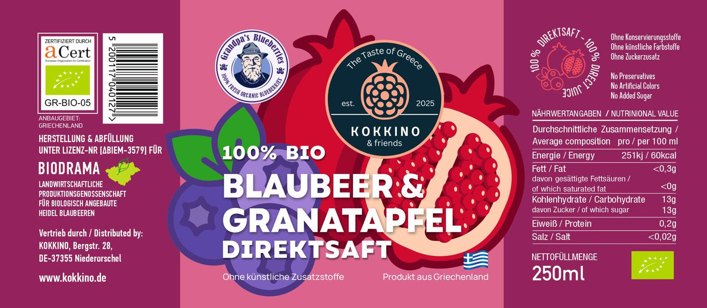 BIO Blaubeer - Granatapfelsaft - 100% Direktsaft 6 × 250 ml • 100 % Frucht, 0 % Zusatz