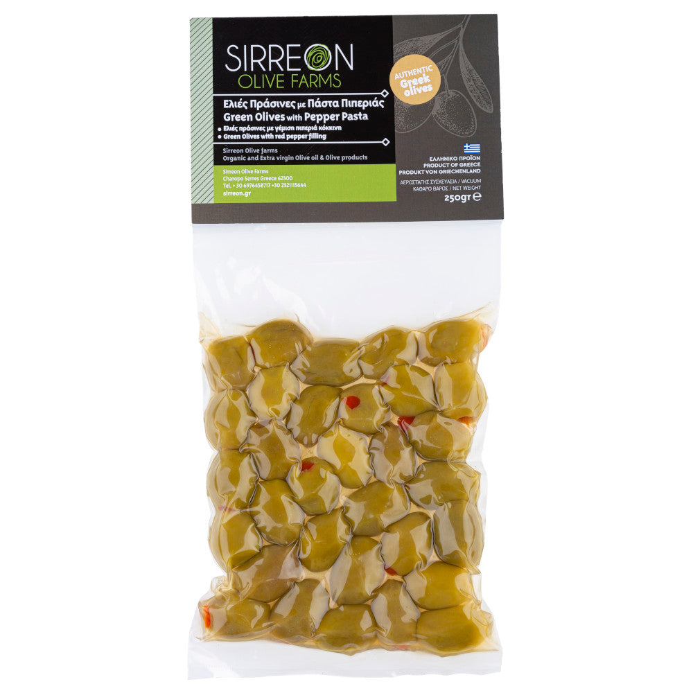 Griechische Grüne Oliven gefüllt mit Paprika-Creme – 250 g Vakuum