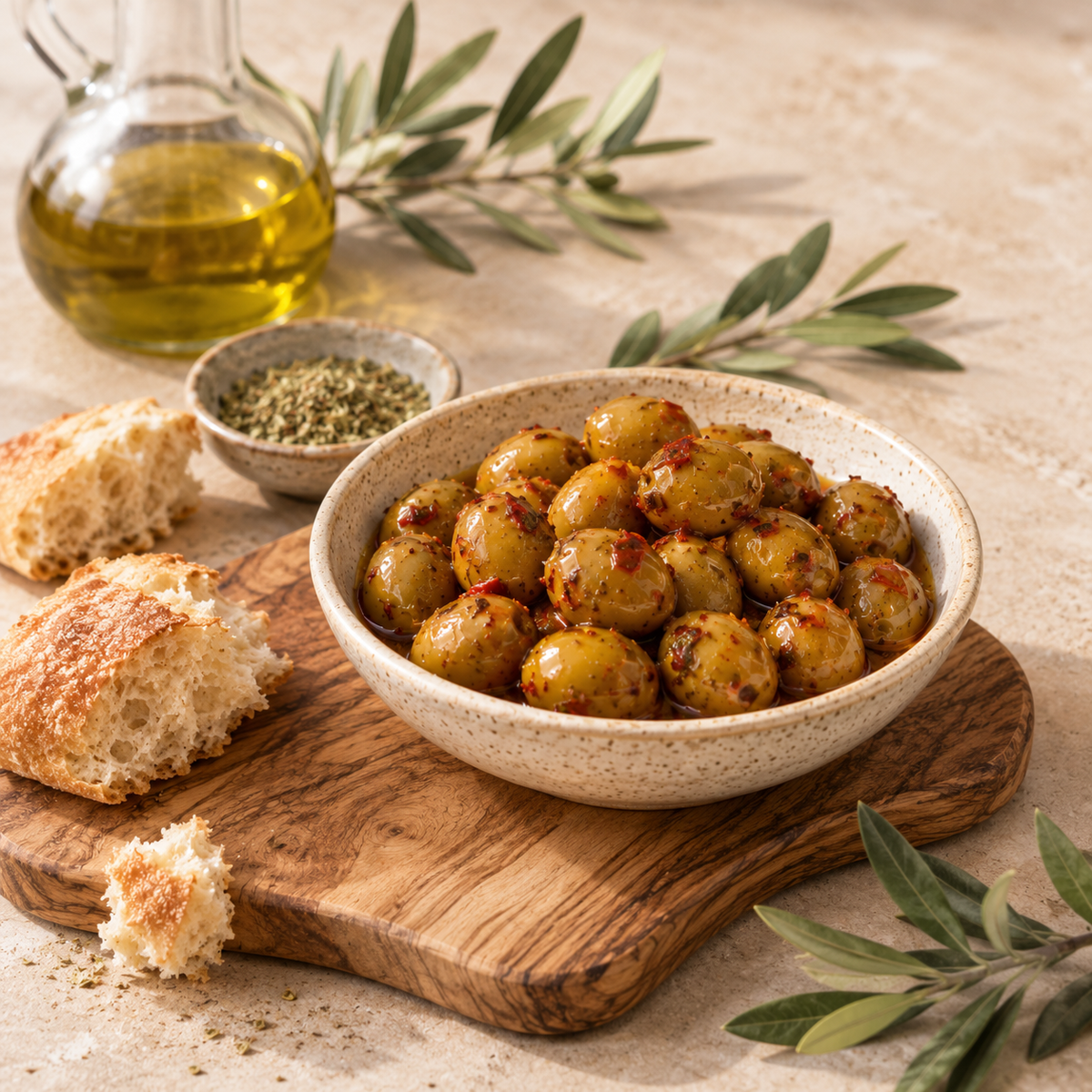 Griechische Grüne Oliven mit Chili & Paprika (250 g)