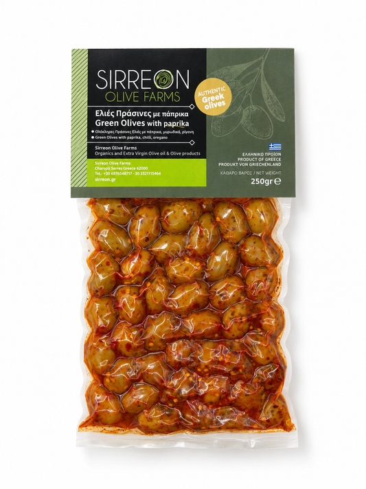 Griechische Grüne Oliven mit Chili & Paprika (250 g)