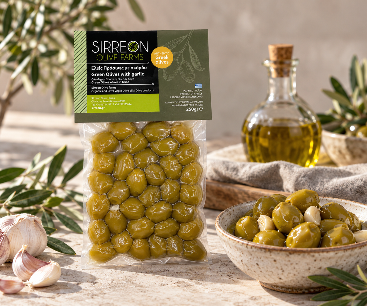 Grüne Oliven mit Knoblauch, gefüllt (250 g)