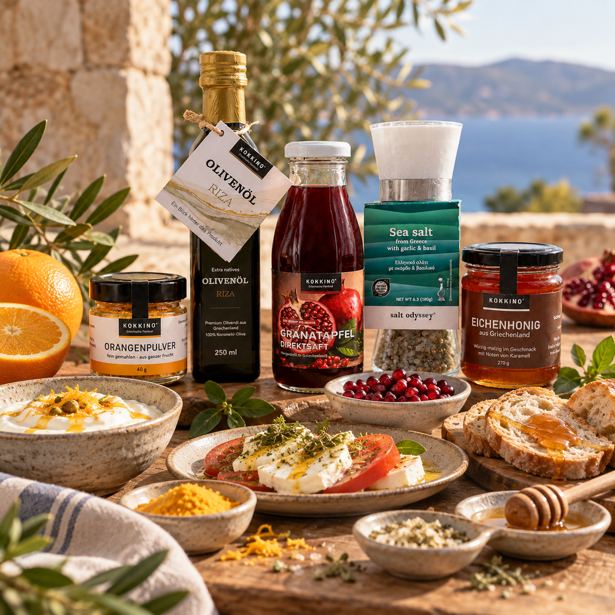 Kokkino-Entdecker-Set-Olivenöl-Orangenpulver-Granatapfelsaft-gewuerz-Eichenhonig