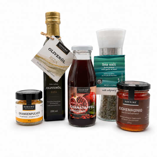 Kokkino-Entdecker-Set-Olivenöl-Orangenpulver-Granatapfelsaft-gewuerz-Eichenhonig
